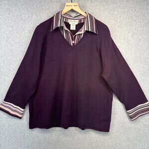Fred David Sweater Top Womens Size 2X Purple Multi Striped Layered Look Collared